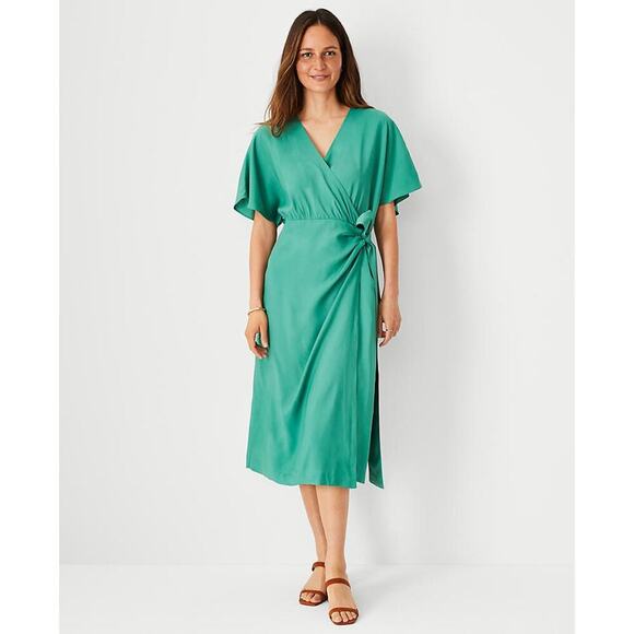 Ann Taylor Woman’s Petite Green Tie Waist Wrap Midi Dress- Size 8P - Picture 1 of 11